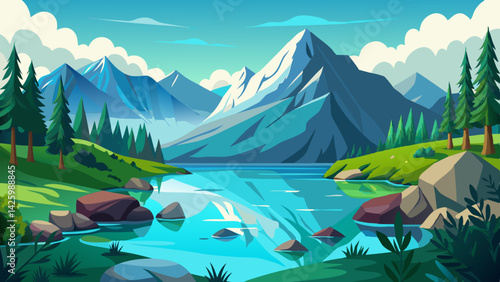 Tranquil Mountain Lake Scene with Clear Water, Lush Trees, and Majestic Peaks