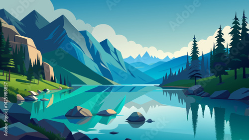 Tranquil Mountain Lake Scene with Clear Water, Lush Trees, and Majestic Peaks