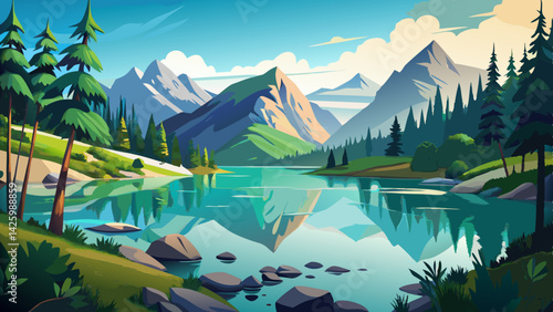 Tranquil Mountain Lake Scene with Clear Water, Lush Trees, and Majestic Peaks