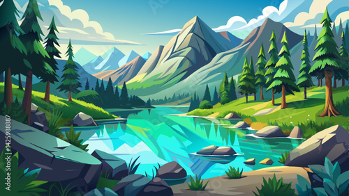 Tranquil Mountain Lake Scene with Clear Water, Lush Trees, and Majestic Peaks
