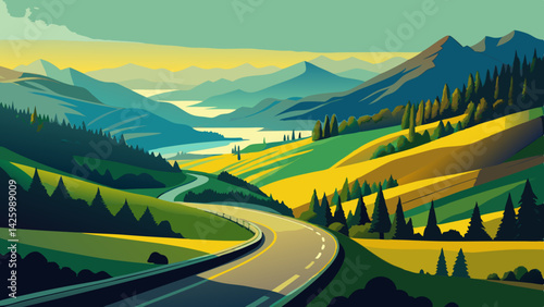 Winding Mountain Road Through Scenic Valley – Nature Landscape with Rocky Peaks and Forest Views