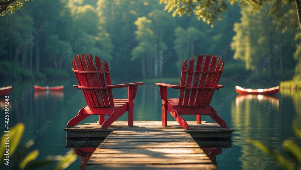 Two red Adirondack chairs on a wooden dock by a tranquil lake reflecting the summer sky in Muskoka, Canada.