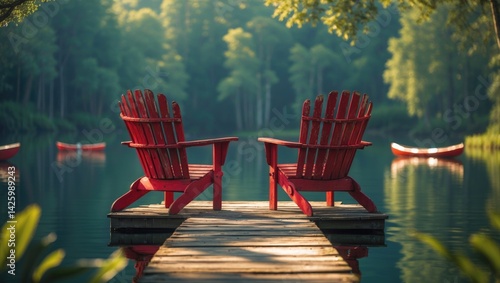 Obraz na płótnie Two red Adirondack chairs on a wooden dock by a tranquil lake reflecting the summer sky in Muskoka, Canada. w salonie