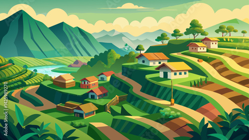 Scenic Terraced Rice Paddies at Sunrise – Tropical Landscape with Traditional House and Palm Trees