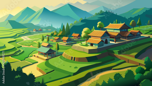 Scenic Terraced Rice Paddies at Sunrise – Tropical Landscape with Traditional House and Palm Trees