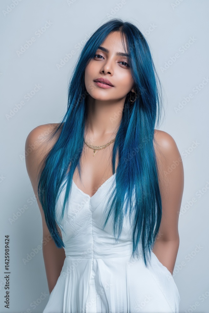 Naklejka premium Stunning Woman with Vibrant Blue Hair in a White Dress: A Stylish Portrait
