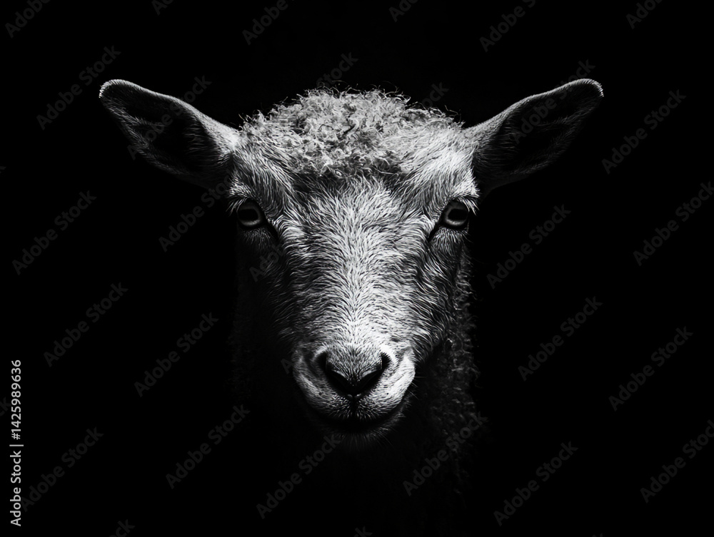 Fototapeta premium Dramatic Black and White Portrait of a Sheep Against a Dark Background