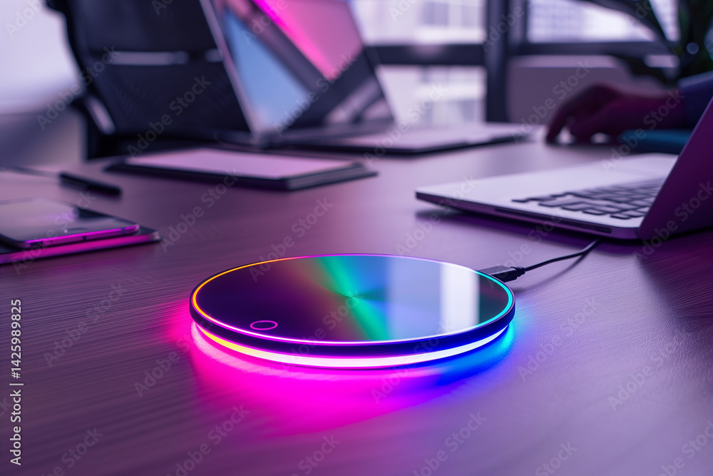 Modern sleek wireless charging pad with vibrant light patterns in a high-tech office. Generative AI