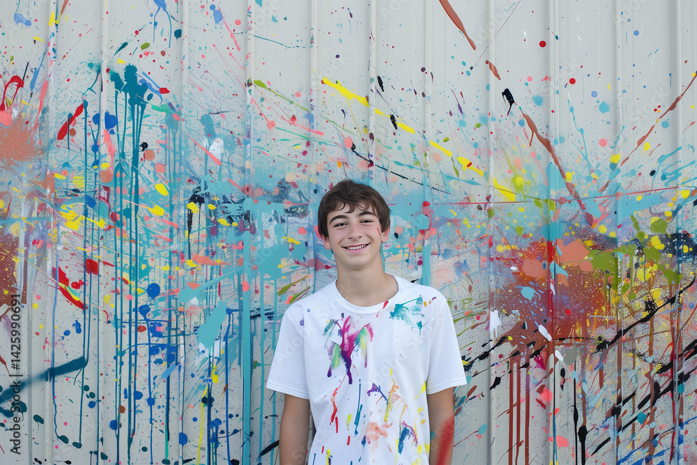 Teenager standing in front of a mural they have painted, covered in paint splatters. Generative AI