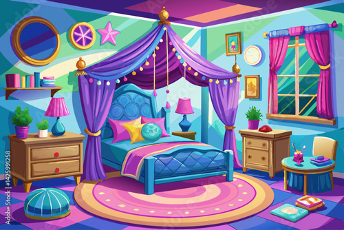 vector of Children's bedroom for girls, decoration for girls, canopy bed, realistic 3D interior, decoration, trend, architect, design, fashion, comfortable, colorful, fun