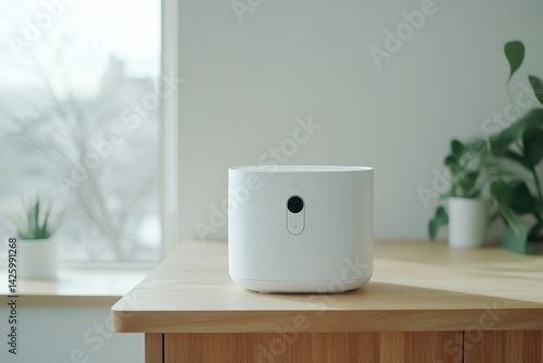 Wallpaper Mural Modern Minimalist White Device on Wooden Table by Window with Plants Torontodigital.ca