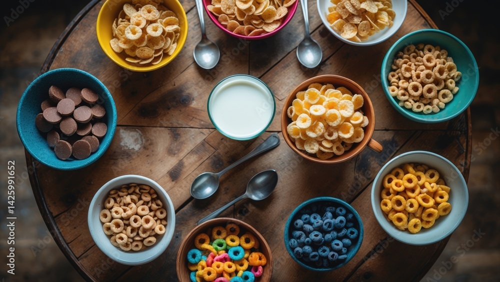 Top-down view of different cereal bowls with milk Top-down view of different cereal bowls with milk