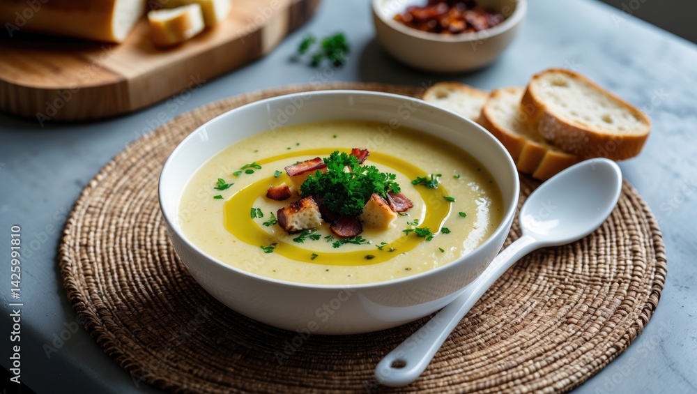 Potato soup in a bowl topped with parsley and bacon, served with toasted bread croutons Potato soup in a bowl topped with parsley and bacon, served with toasted bread croutons
