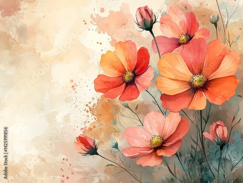 Wallpaper Mural Watercolor painting of orange and pink flowers with a beige background. Torontodigital.ca
