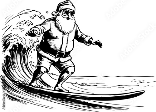 Surfing santa celebrates christmas in july at the beach fun illustration summer vibes playful scene
