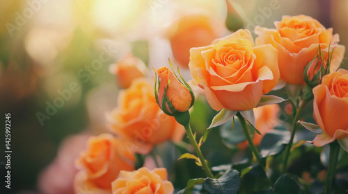 Beautiful orange roses bloom in garden, showcasing their vibrant petals and lush green leaves. soft sunlight enhances their warm hues, creating serene and joyful atmosphere