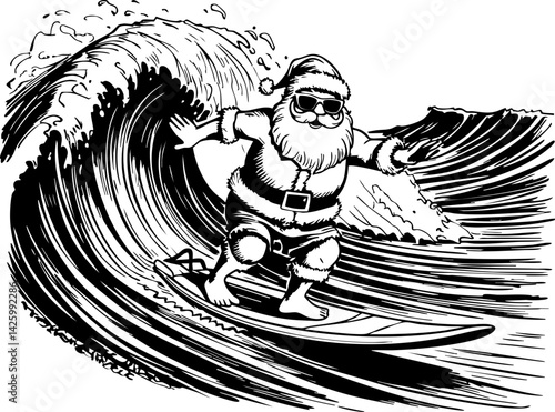 Surfing santa celebrates christmas in july beach setting fun illustration summer vibes whimsical concept