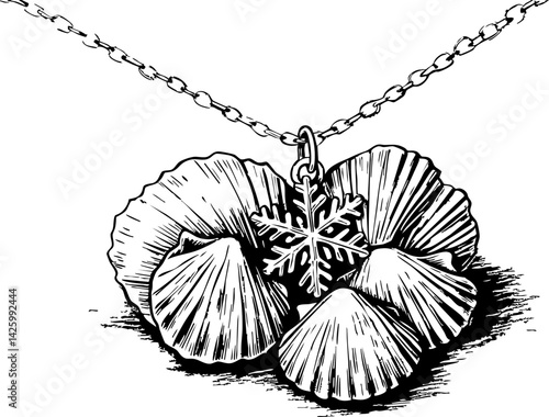 Unique holiday jewelry shell necklace with snowflake charm coastal setting illustration winter vibes creative design