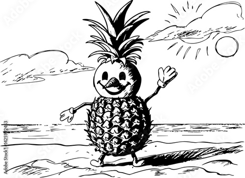 Pineapple mascot celebrates christmas in july at sunny beach fun illustration tropical paradise whimsical viewpoint