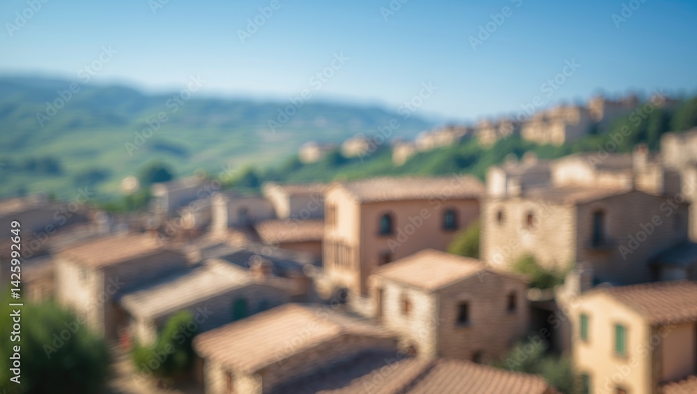 Obraz premium Village scene with blurred stone houses and lush green hills beneath a vibrant blue sky