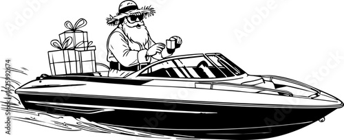 Santa on a speedboat delivering christmas cheer summer adventure fun illustration vibrant waters playful spirit