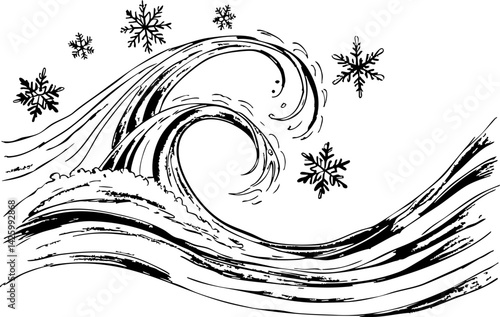 Christmas in july celebration surreal winter waves and snowflakes coastal beach illustration fantasy environment aesthetic viewpoint
