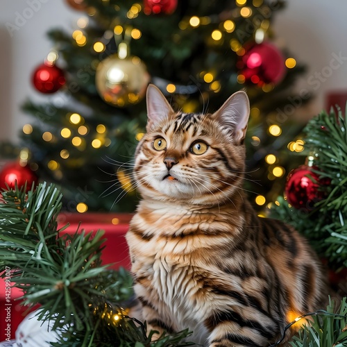 cat on christmas tree