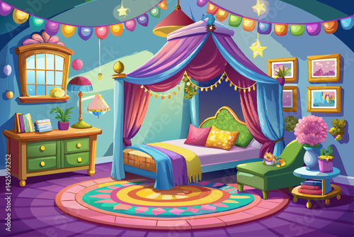 vector of Children's bedroom for girls, decoration for girls, canopy bed, realistic 3D interior, decoration, trend, architect, design, fashion, comfortable, colorful, fun