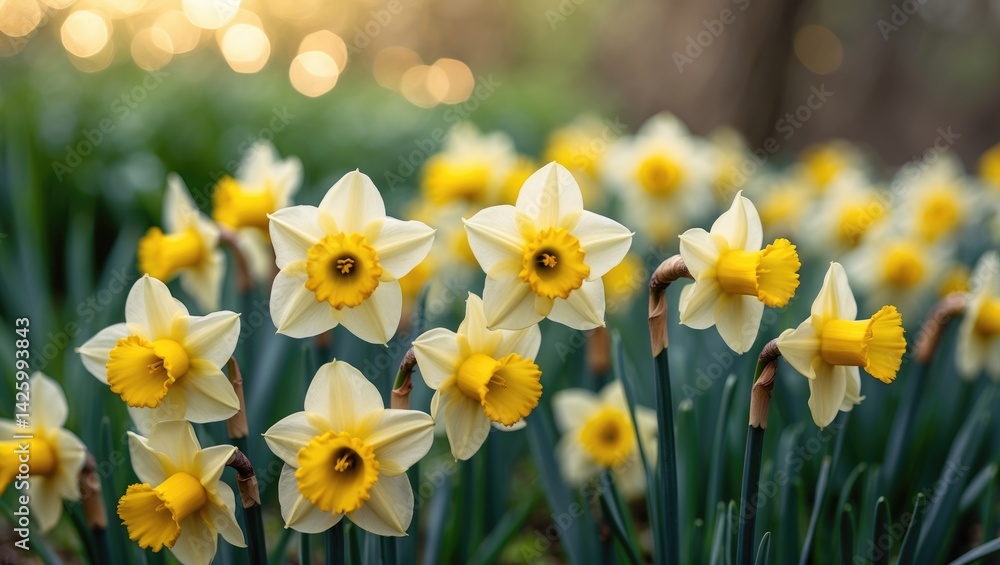 A scene of blooming daffodils in nature A scene of blooming daffodils in nature
