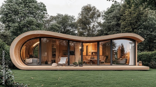 Wallpaper Mural Modern, curved wooden home nestled in a lush garden Torontodigital.ca