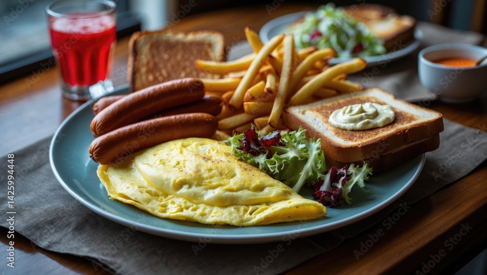 American breakfast menu featuring omelette, toast, sausages, salad, and fries with a fresh, homemade feel American breakfast menu featuring omelette, toast, sausages, salad, and fries with a fresh, homemade feel