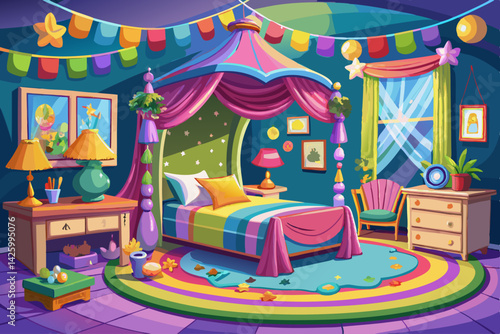 vector of Children's bedroom for girls, decoration for girls, canopy bed, realistic 3D interior, decoration, trend, architect, design, fashion, comfortable, colorful, fun