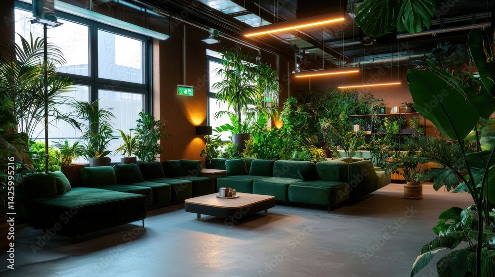 Fototapeta premium A modern office lounge boasts a lush indoor garden with various plants and a comfortable green velvet sectional sofa perfect for relaxation and collaboration.