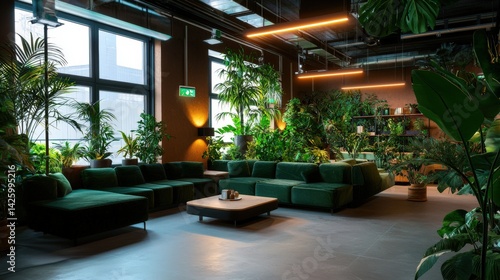 A modern office lounge boasts a lush indoor garden with various plants and a comfortable green velvet sectional sofa perfect for relaxation and collaboration.
