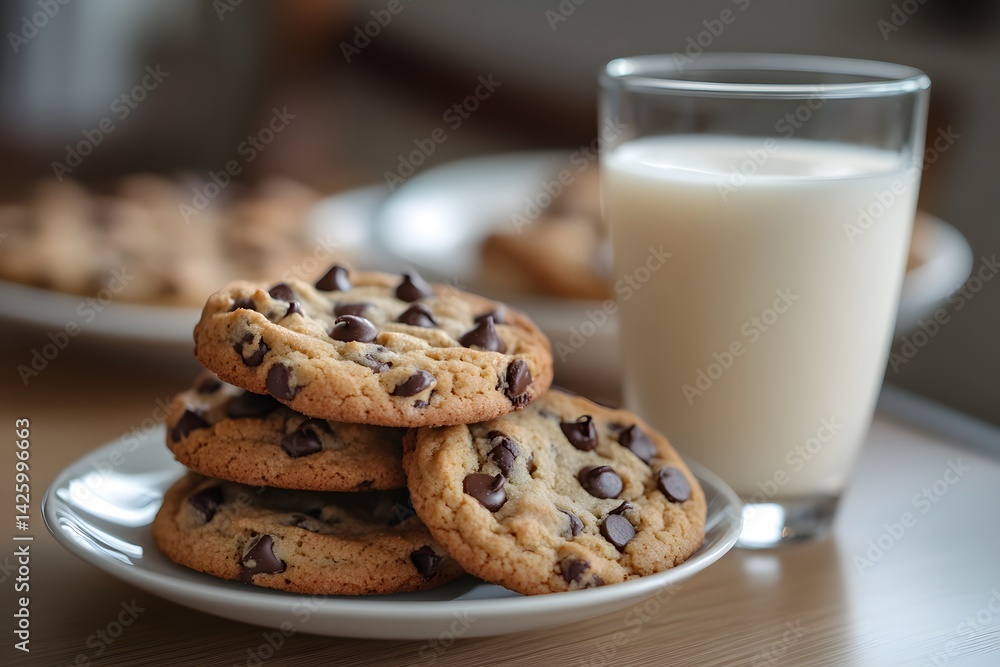 Stack of homemade chocolate chip cookies with glass of milk on burlap cloth Stack of homemade chocolate chip cookies with glass of milk on burlap cloth