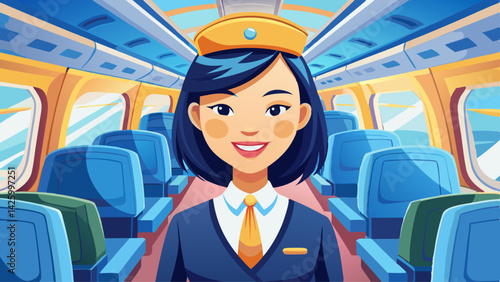 Asian flight attendant posing with smile inside aircraft for welcoming passenger on board with seat on the background for airline travel usage 