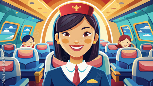 Asian flight attendant posing with smile inside aircraft for welcoming passenger on board with seat on the background for airline travel usage 