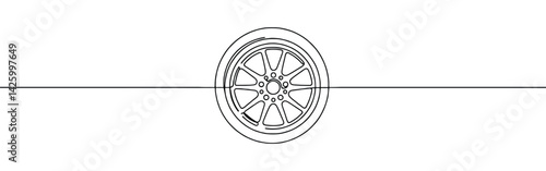 Wheel continuous one line drawing. Automobile tire symbol. Vector illustration.