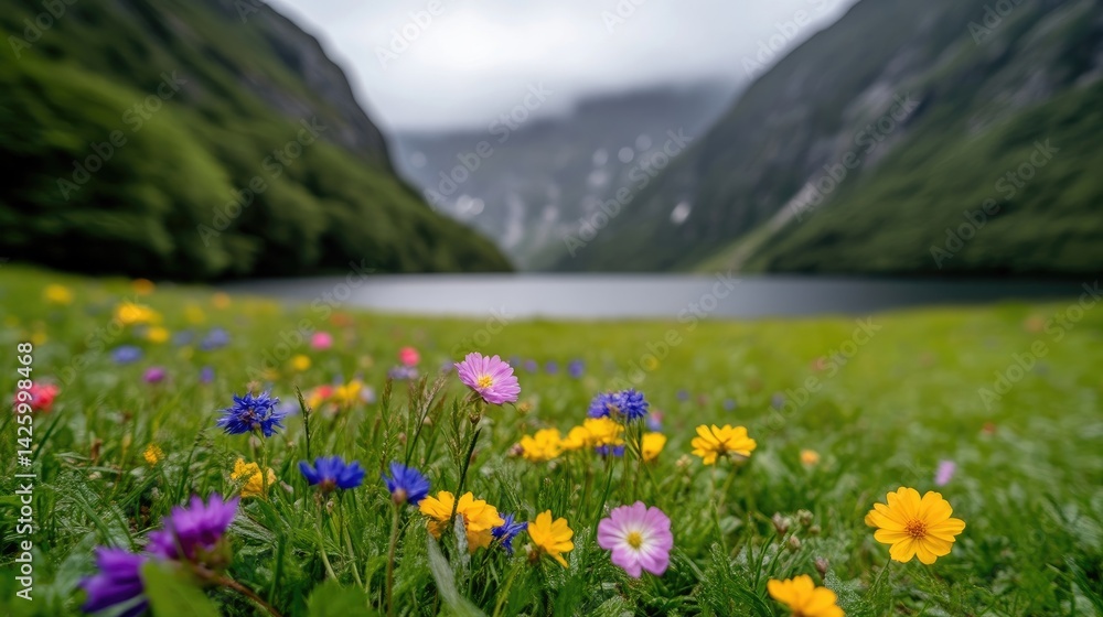 Obraz premium Colorful wildflowers by a mountain lake