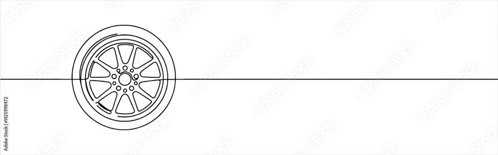 Wheel continuous one line drawing. Automobile tire symbol. Vector illustration. Wheel continuous one line drawing. Automobile tire symbol. Vector illustration.