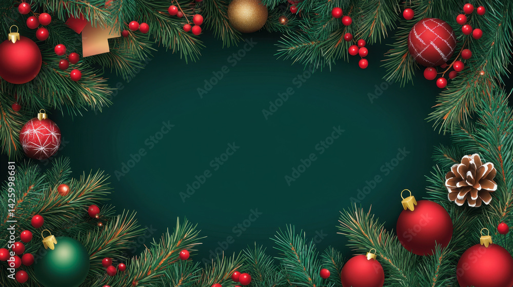 Festive Christmas background featuring evergreen branches adorned with colorful ornaments, berries, and pine cone, creating cheerful and inviting atmosphere for holiday season Festive Christmas background featuring evergreen branches adorned with colorful ornaments, berries, and pine cone, creating cheerful and inviting atmosphere for holiday season