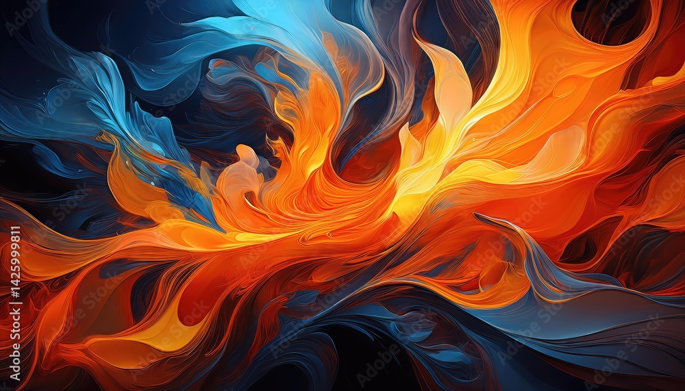 Intense Fusion Vibrant Warm Orange and Cool Blue Abstraction, Embracing Bold Textures and Stirring Energy in a Mesmerizing Masterpiece