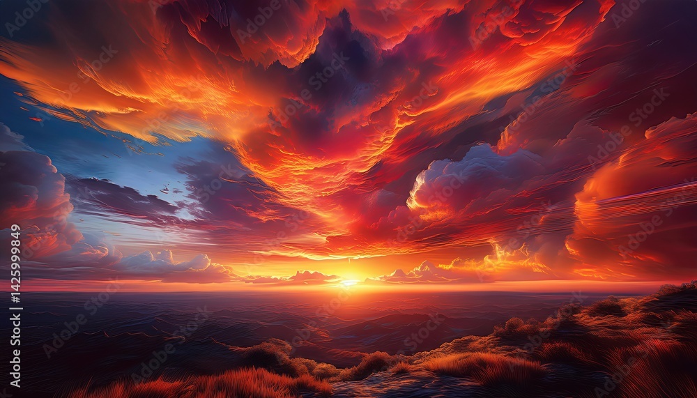 Drama unfolds in a Fiery Sunset Sky, as Oranges and Reds Light up the Open Horizon with Intense Vibrancy, Capturing Natures Powerful Spectacle over an Expansive Landscape.
