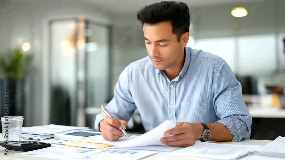 A professional accountant strategizing tax planning in a modern office environment. A professional accountant strategizing tax planning in a modern office environment.