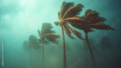 hurricane with strong wind and rain bending palm trees 
