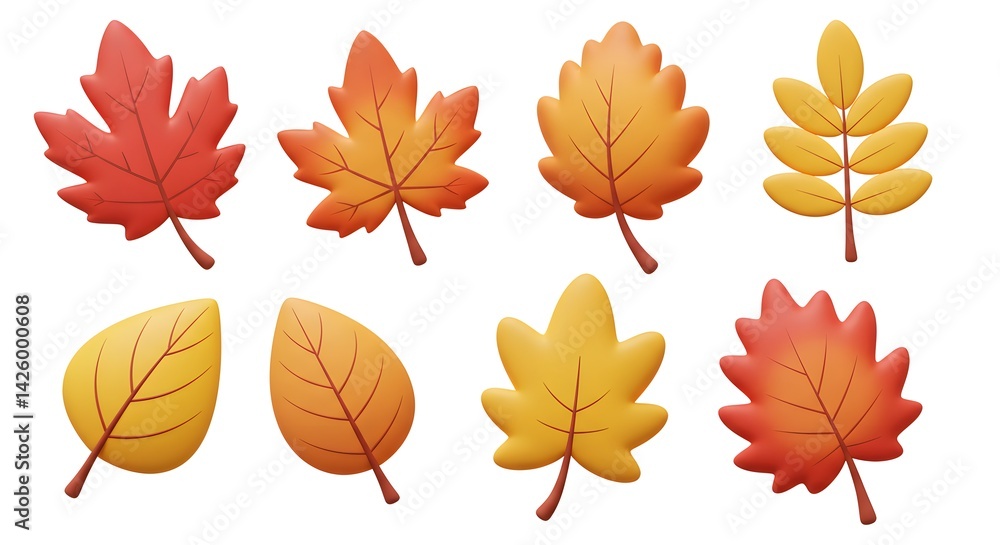 Fototapeta premium Ultimate 3D Autumn Leaves Collection: Cartoonish Fall Elements for Seasonal Design and Holiday Decorations