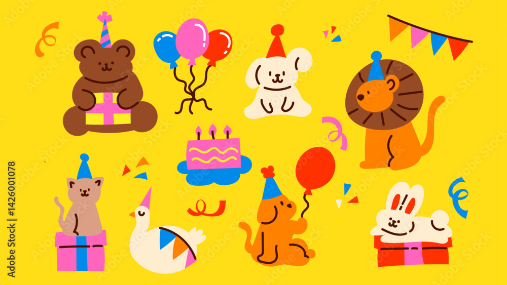 Naklejka premium Birtyday Party Animal Cartoon Illustration