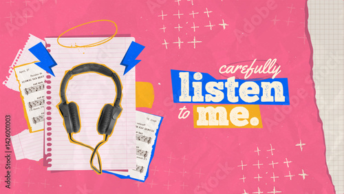 Vibrant Halftone Collage with Headphones, Music Notes and Textured Papers. Playful music-themed collage with headphones, sheet music, and torn paper on a pink background. 