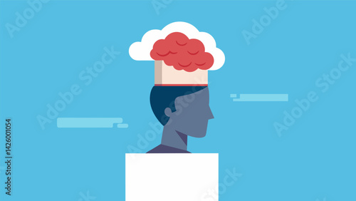 A persons body fading away leaving only their head and brain floating above a blank canvas representing the idea of the mind being the source of. Vector illustration