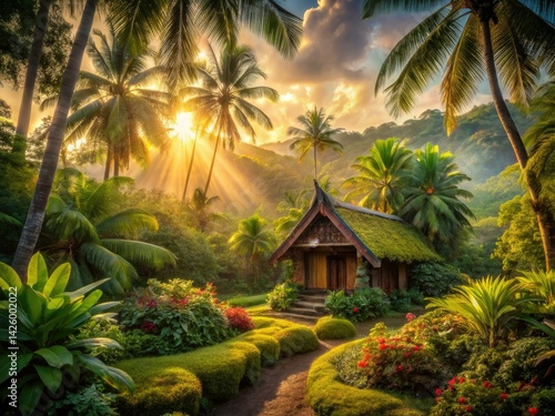 Mystical Hawaiian Hale: Spiritual Sanctuary, Polynesian Architecture, Tropical Paradise, Lush Landscape, Island Home, Ancient Structures, Wooden House.